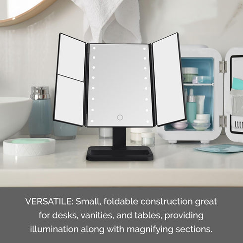 MELANNCO Black Tri Fold LED Vanity Mirror, 3 Magnifications, Dimmable LED Lights, Touch Control Makeup Mirror