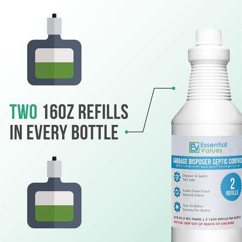 Essential Values 2X Refill Septic Treatment Solution compatible with InSinkErator Septic Assist Bio Charge Evolution Models. Septic Shock and Tank Cleaner