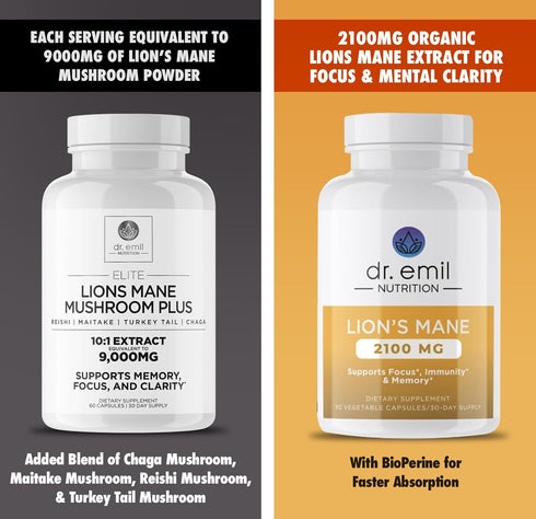 DR. EMIL NUTRITION 2100mg Organic Lions Mane Supplement Capsules - Focus, Mental Clarity, Cognition - Nootropic