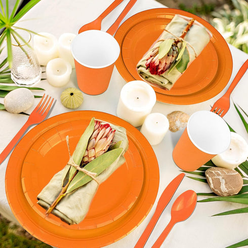 TWOWYHI 228PCS Orange Party Supplies Set, Paper Plates, Cups, Napkins, Plastic Spoons, Forks, Knives for 30 Guests