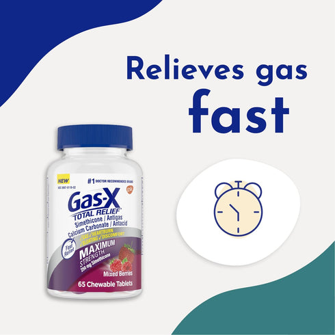 Gas-X Total Relief Chewable Tablets, Maximum Strength Gas Relief Simethicone 250 mg, Bloating Relief, 65 Count