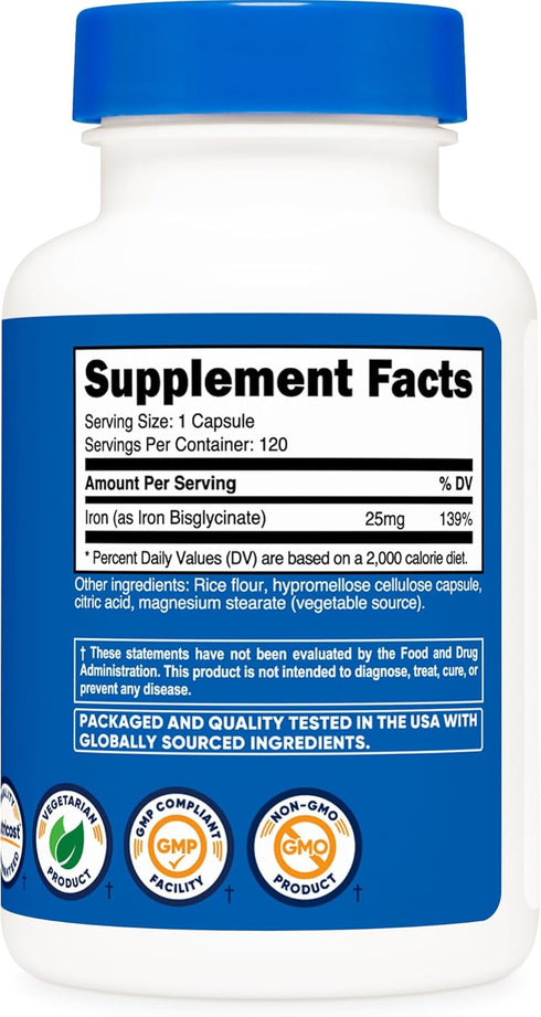 Nutricost Iron Bisglycinate Supplement 25mg - 120 Capsules from Ferrous Bisglycinate Chelate, Non-GMO & Gluten-Free