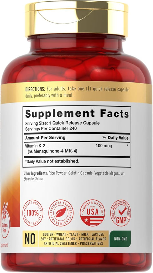 K2 100 K2 MK-4 240 Carlyle Vitamin Supplement mcg | | Capsules | Non-GMO & Gluten Free