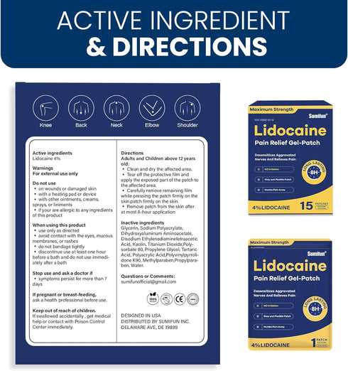 Sumifun 4% Lidocaine Patches, Maximum Strength Pain Relief for Back, Shoulder, Elbow, Knee, 30 Count
