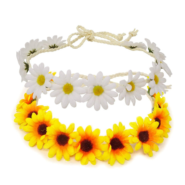 Honbay 2PCS Fashion Flower Headband, Sunflower Hair Wreath Festival Hair Band (Yellow + White)