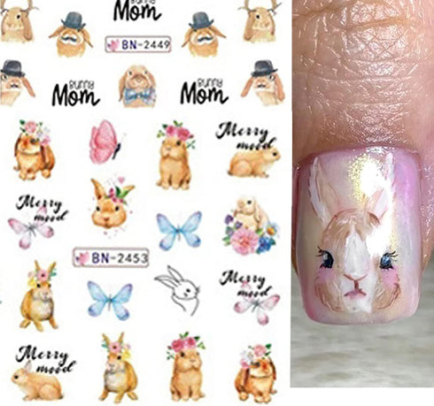 12 Sheets Rabbit Nail Stickers, Animal Water Transfer Nail Decals, Holographic Art Sticker for Women Girls