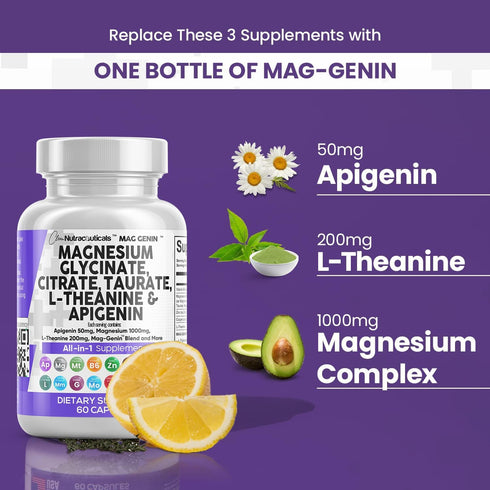 Magnesium Glycinate Complex 1000mg with 200mg L-Theanine, 60 Count - Supplement with Apigenin, GABA & Ashwagandha