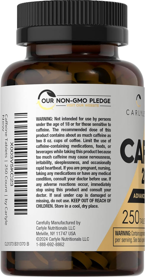 Carlyle Caffeine Pills, 200mg, 250 Tablets, Advanced Athlete Formula, Vegetarian, Non-GMO & Gluten Free Supplement
