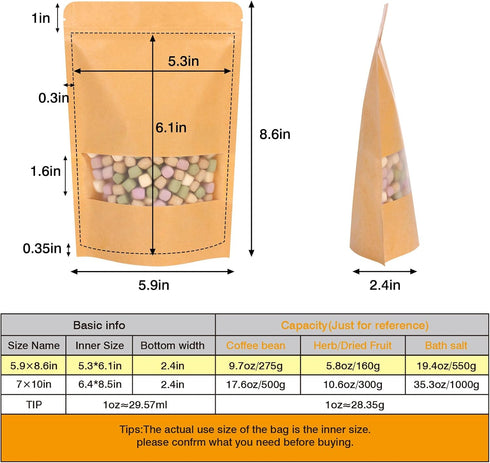 Moretoes 72pcs Kraft Paper Resealable Bags, 5.9x8.6 Inches Stand Up Pouches for Food Packaging, Ziplock Coffee Bags