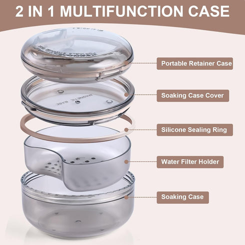 Double Layer Portable Retainer Case, 2 In 1 Multifunctional Cleaner for Orthodontic Retainers, Aligners, Night-Guard