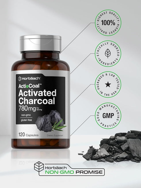 Horbaach Charcoal Pills 780mg | 120 Capsules | Activated Charcoal from Coconut Shells, Non-GMO, Gluten Free