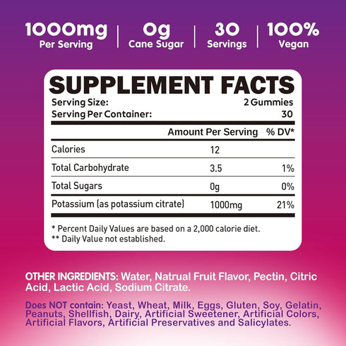 Potassium Citrate 1000mg Gummies - Potassium Supplement for Adults, Support Leg Cramps & Muscle Health, 60 Chewables