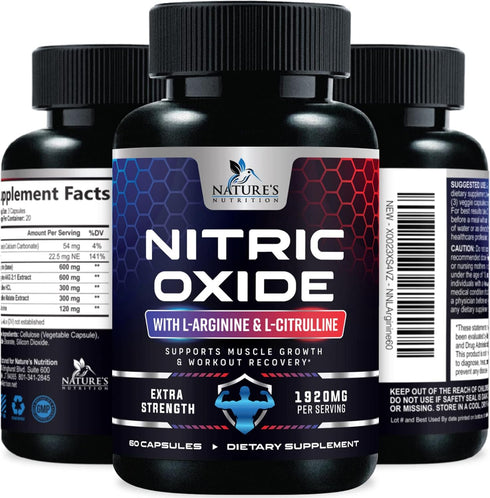 Extra Strength Nitric Oxide Supplement, L Arginine 3X Strength, Citrulline Malate, 60 Capsules