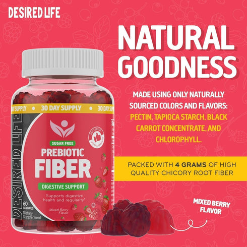 Sugar Free Prebiotic Fiber Gummies | 60 Count | Mixed Berry Flavor | Daily Digestive Health for Adults & Kids
