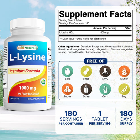 Best Naturals L-Lysine 1000mg, 180 Tablets for Immune Health & Cold Sores