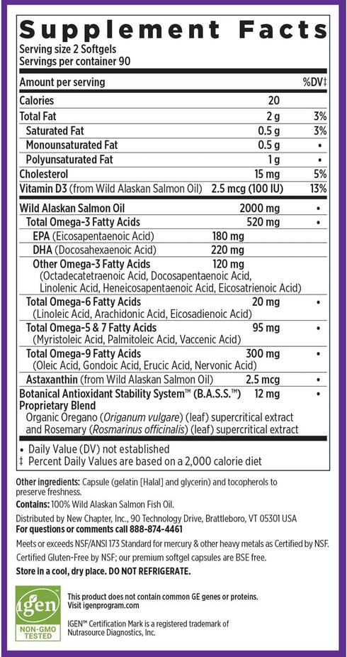 New Chapter Wholemega Fish Oil Supplement - Wild Alaskan Salmon Oil, 180 ct, 1000mg Softgels