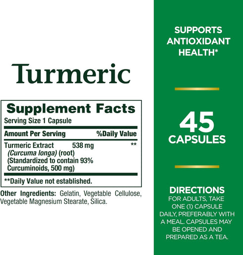 Nature's Bounty Turmeric Pills and Herbal Health Supplement, Antioxidant Health, 538mg, 45 Capsules