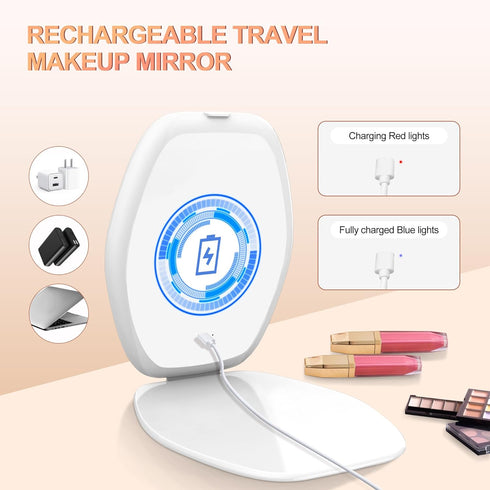 Travel Makeup Mirror with Light, 3 Color Lighting Portable Mirror, Touch Screen Rechargeable LED Lights Vanity - White