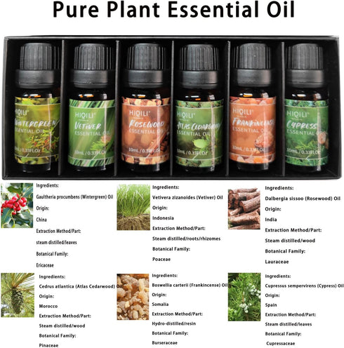 HIQILI 100% Pure Woodsy Essential Oil Set, 6x10ml, Cedarwood, Wintergreen, Frankincense, Vetiver, Rosewood, Cypress - Aromatherapy, Massage, Skin Beauty, Perfume, Gifts