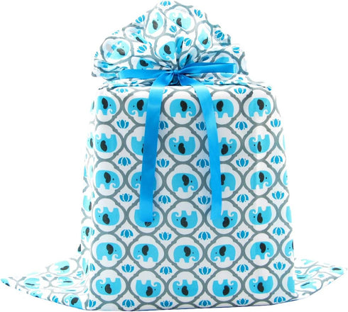 Elephants Reusable Fabric Gift Bag for Baby Shower or Child’s Birthday, Jumbo 27" x 33", Turquoise Blue