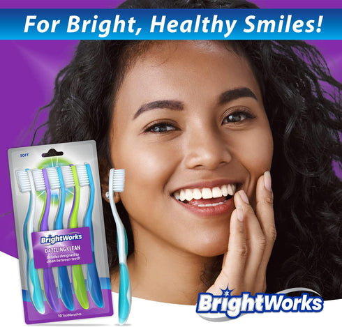 Dazzling Clean Manual Toothbrush, 10 Pack, Soft Bristles for Sensitive Teeth, Multiple Colors