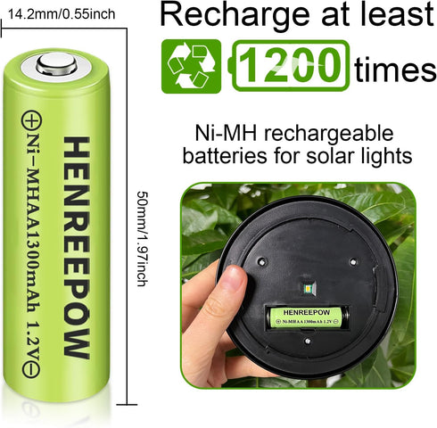 Henreepow Ni-MH AA Rechargeable Batteries, Double A High Capacity 1.2V 1300mAh Pre-Charged for Garden Landscaping Outdoor Solar Lights, String Lights, Pathway Lights (AA-12pack)