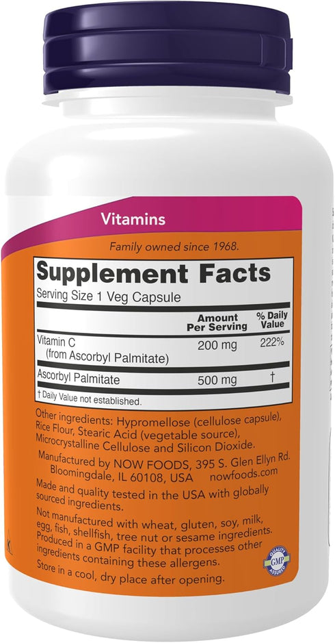 NOW Supplements, Ascorbyl Palmitate 500 mg, Esterified Vitamin C, Antioxidant Protection*, 100 Veg Capsules