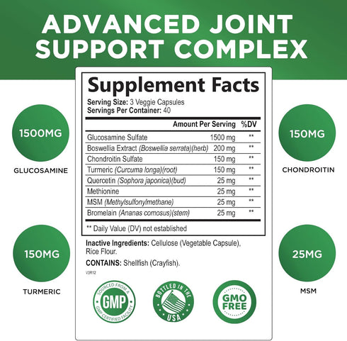 Glucosamine Chondroitin MSM Complex - Joint Support Supplement Turmeric & Boswellia, Triple Strength Glucosamine Capsules - Support for Joint Health & Mobility with Quercetin Bromelain - 120 Capsules