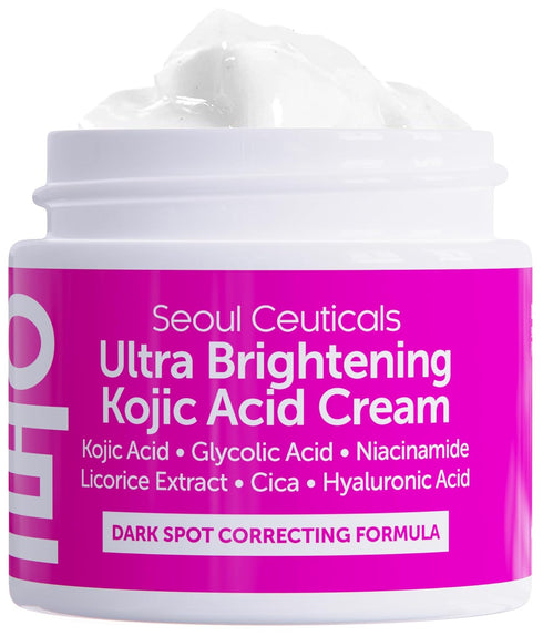 SeoulCeuticals Korean Kojic Acid Cream 2oz - Dark Spot Remover with Glycolic Acid, Niacinamide, Cica, HA - Cruelty Free