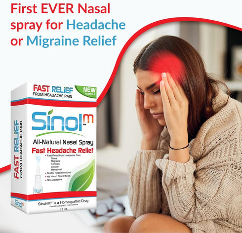 Sinol Headache Relief Spray, Over-The-Counter Nasal Decongestant, 15 ml for Migraine, Tension, Sinus Relief