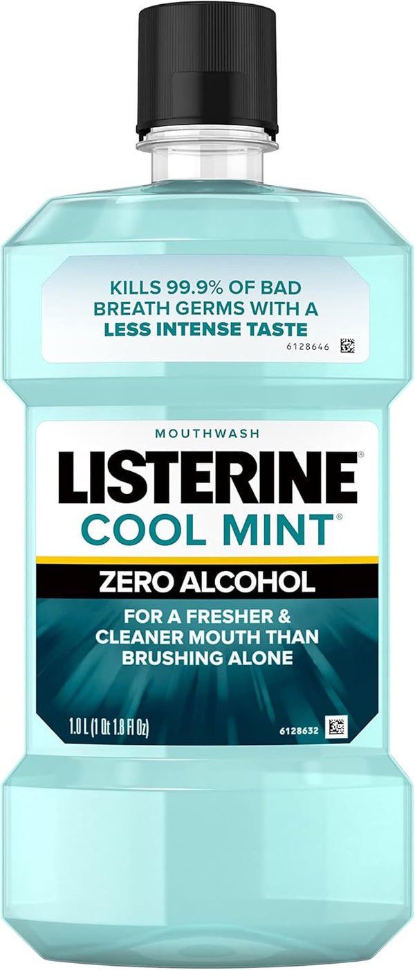 Listerine Zero Alcohol Mouthwash, Alcohol-Free Oral Rinse for Fresh Breath & Clean Mouth, Cool Mint Flavor, 1 L