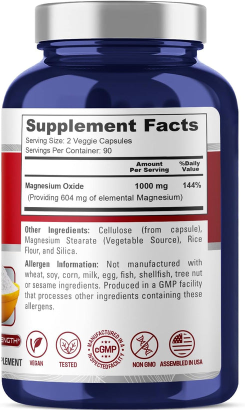 NusaPure Magnesium Oxide 1,000mg per Serving, 180 Veggie Caps (Non-GMO, Vegan)