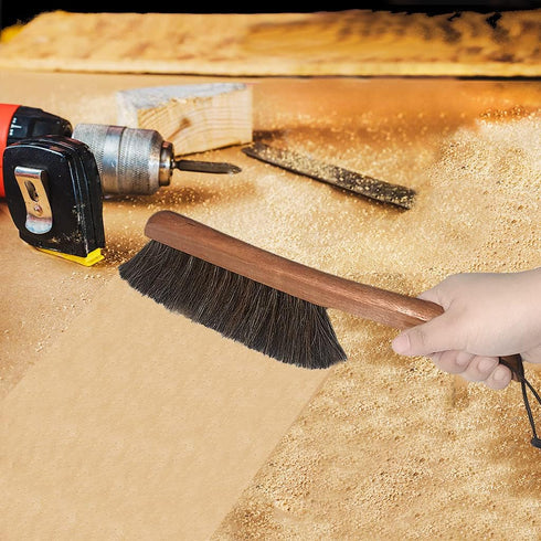 Counter Brush for Drafting, Patio, Bed, Fireplace, Woodworking - Horsehair Shop Bench Brush with 2 Microfiber Cleaning