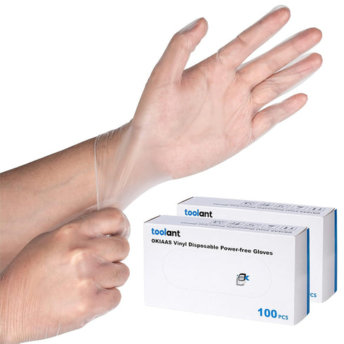 OKIAAS M Disposable Gloves, Food Safe Bulk of 200 Pcs | Clear Vinyl Latex and Powder-Free Gloves
