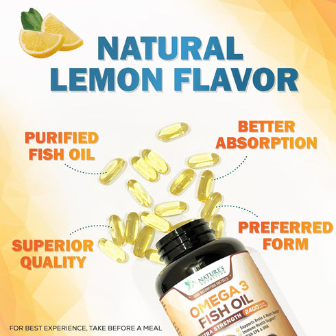 Omega 3 Fish Oil - 2400 mg, Triple Strength Omega3, EPA & DHA Fatty Acids, Natural Support for Immune, Heart & Brain