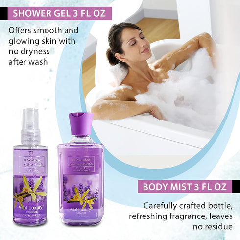Bath & Body Travel Kit - Lavender Vanilla Blush Fragrance Mist, Body Lotion, Shower Gel, Body Cream, 3 Fl Oz