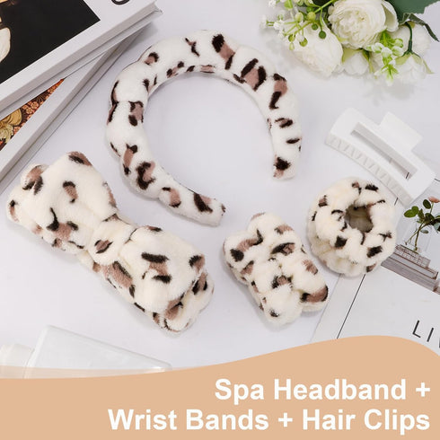 Canitor Spa Headband Wrist Bands Set with Hair Clips, Non Slip Puffy Terry Cloth Makeup Headband for Washing Face
