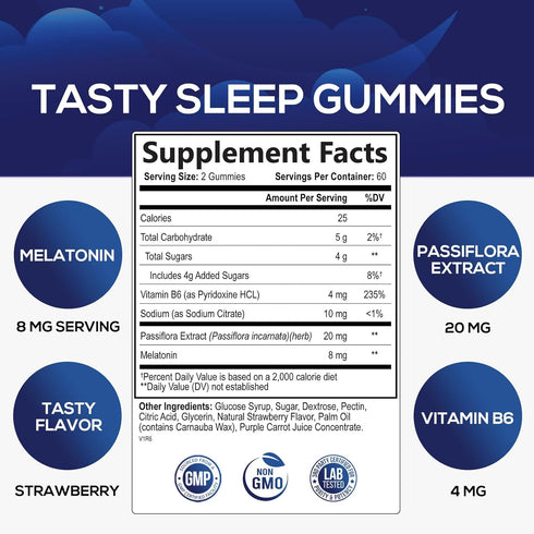 Melatonin Gummies 8mg - Extra Strength Sleep Gummy with 20mg Passiflora, Natural Sleep Support Supplement for Adults, Vegan & Non-GMO, Nature's Sleeping Gummies, Berry Flavor - 120 Gummies