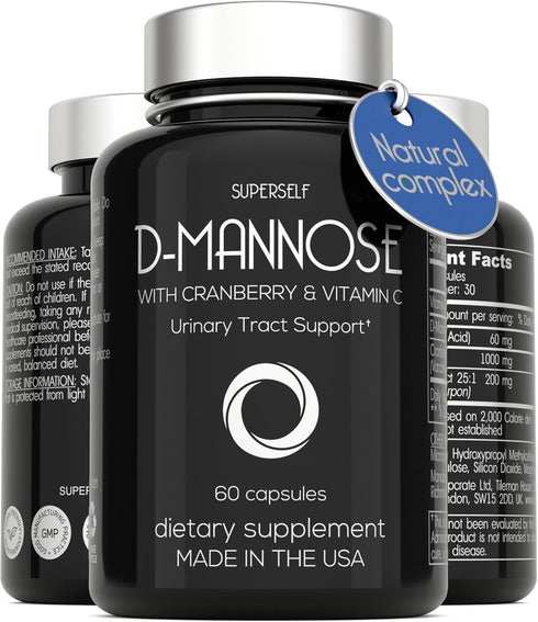D-Mannose 1000mg Capsules, 60 Capsules, D Mannose with Cranberry Extract and Vitamin C, Vegan & Non-GMO