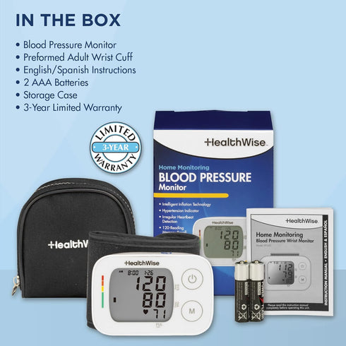 HealthWise Blood Pressure Monitor - Adult Wrist Cuff, Intelligent Inflation, 2-Person Memory, Hypertension Indicator