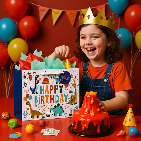 LEAYUGF 13.8" Large Dinosaur Gift Bag with Tissue Paper and Card For Kids Boys Birthday Dinosaur Themed Party Supplies
