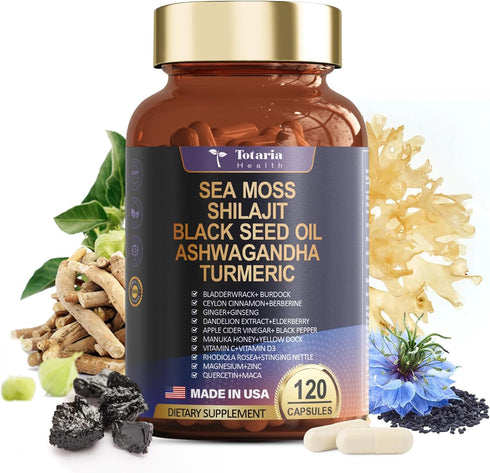 25-in-1 Sea Moss Black Seed Oil Supplement - 120 Caps, 18525mg with Ashwagandha, Ginger, Berberine & More