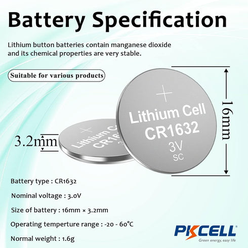 PKCELL CR1632 Battery 3V Lithium Button Coin Cell for Key Fob(30 Counts)