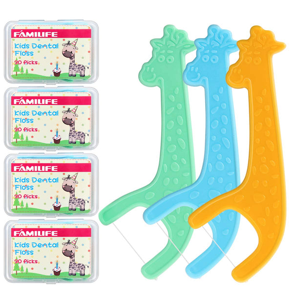 FAMILIFE Floss Picks, 120 Pcs Kid's Dental Floss Cleaner, 4 Travel Cases, Helps Fight Tooth Decay
