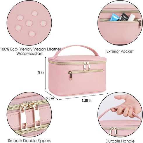 Wandering Nature Makeup Bag, Travel Organizer Cosmetic Brush Case for Women in Eco Vegan Leather, Pink