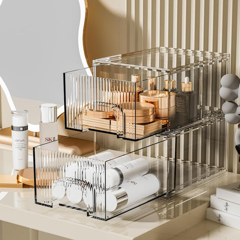 ZHIAI Makeup Organizer, Stackable Clear Cosmetic Storage Box for Vanity, Skincare, Kitchen Cabinets, 2 Pack