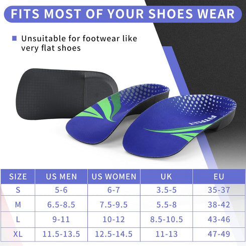 3/4 Arch Support Insoles for Men and Women, Plantar Fasciitis Orthotic Inserts for Flat Feet, XL