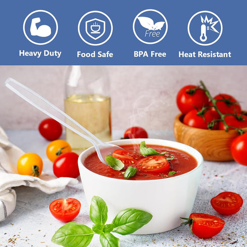 100 Count Heavy Clear Plastic Spoons - Premium Disposable Silverware - BPA-Free, Heat Resistant for Parties