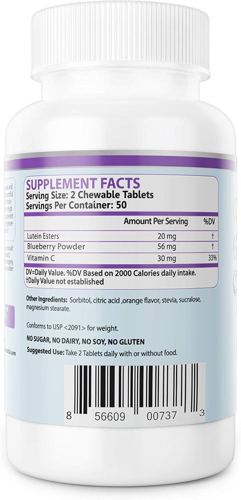 Lutein 20mg Super Eye Health with Natural Blueberry and Vitamin C Chewable, 100CT.