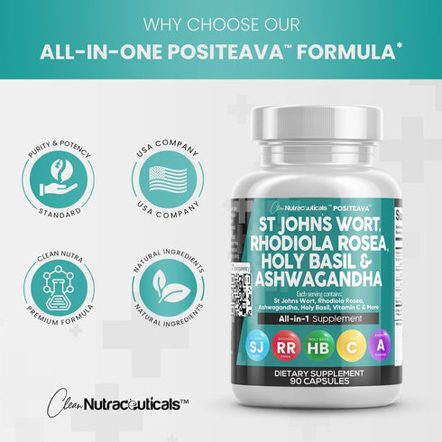 Clean Nutraceuticals St Johns Wort - 90 Caps - 10000mg Rhodiola Rosea, 20000mg Holy Basil, 3000mg Ashwagandha, Mood